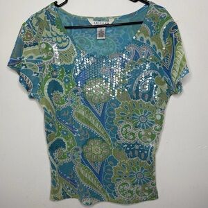 VTG Uniform John Paul Richard Top Sz L Blue Green Y2k Floral Sequined Mesh Fairy